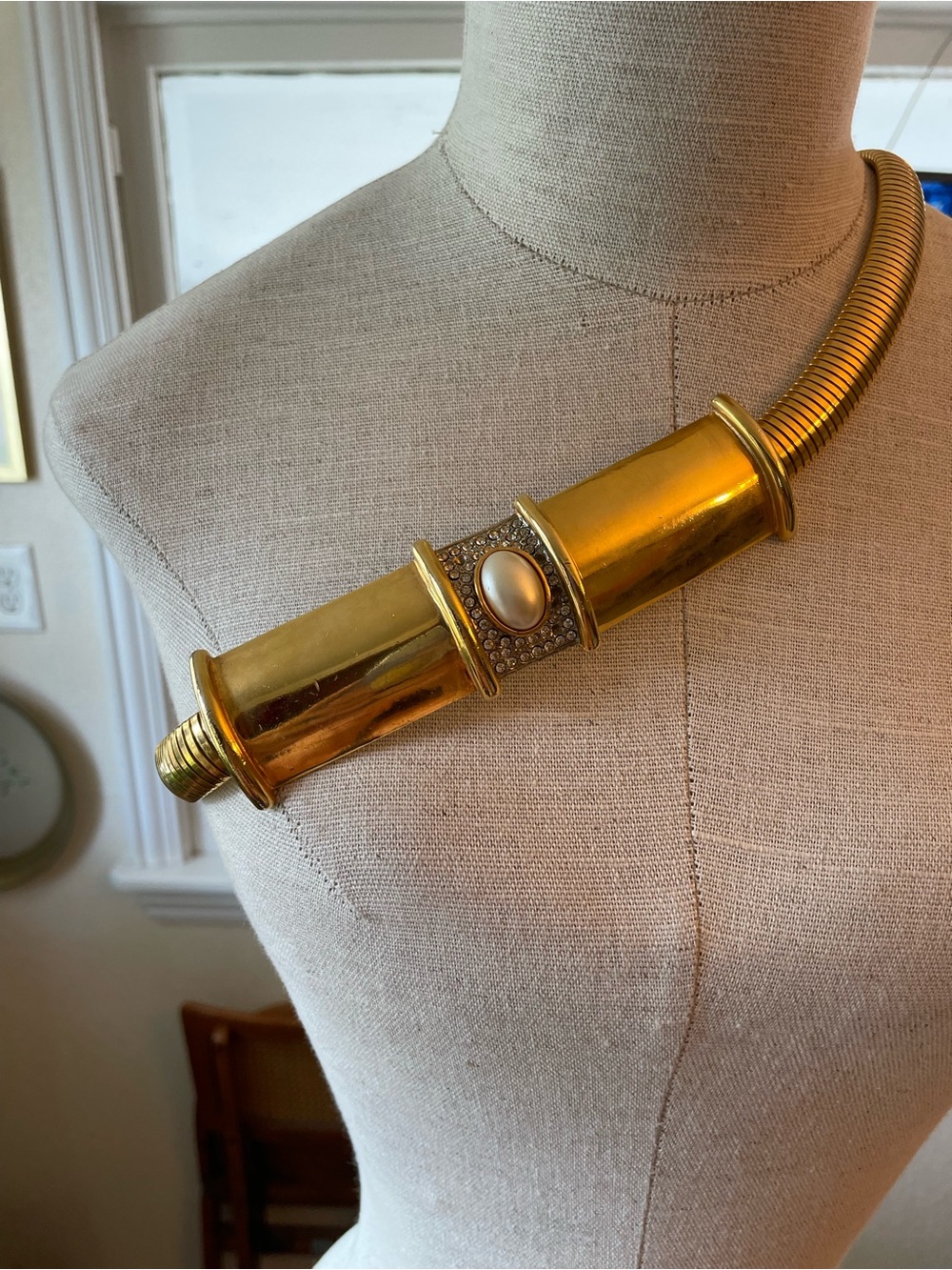 Gold Tube Statement Belt with Pearl Accent